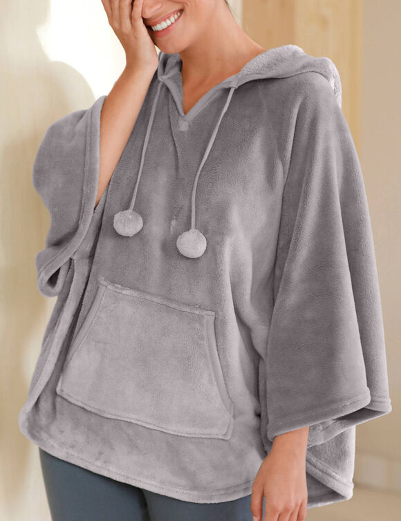 Poncho &agrave; capuche, maille polaire toucher peluche (gris)