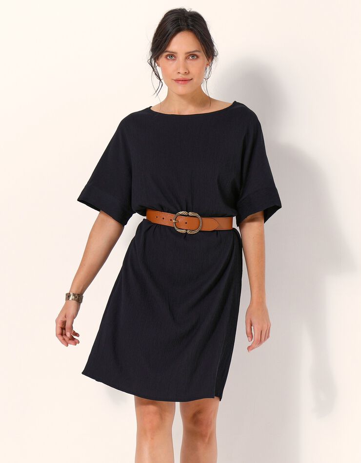 Robe forme housse unie manches courtes tissu texturé (noir)