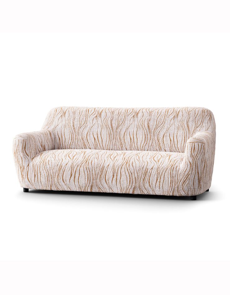 Housse bi-extensible microfibre imprimé vagues pour fauteuil et canapé (beige)