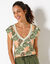 T-shirt imprim&eacute; v&eacute;g&eacute;tal, col macram&eacute; (kaki / p&ecirc;che)