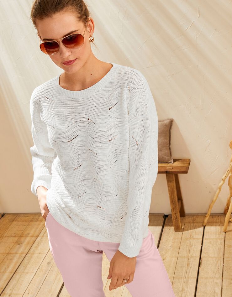 Pull manches longues, maille fantaisie (blanc) Pull manches longues, maille fantaisie (blanc)