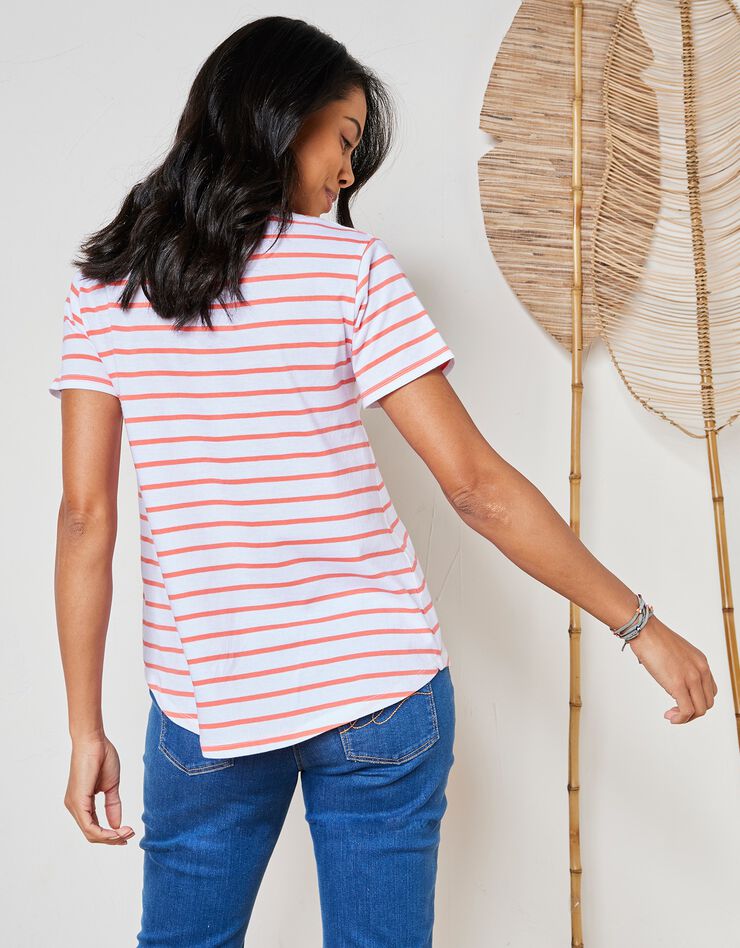 Tee-shirt col V rayé bicolore (blanc / corail) Tee-shirt col V rayé bicolore (blanc / corail)