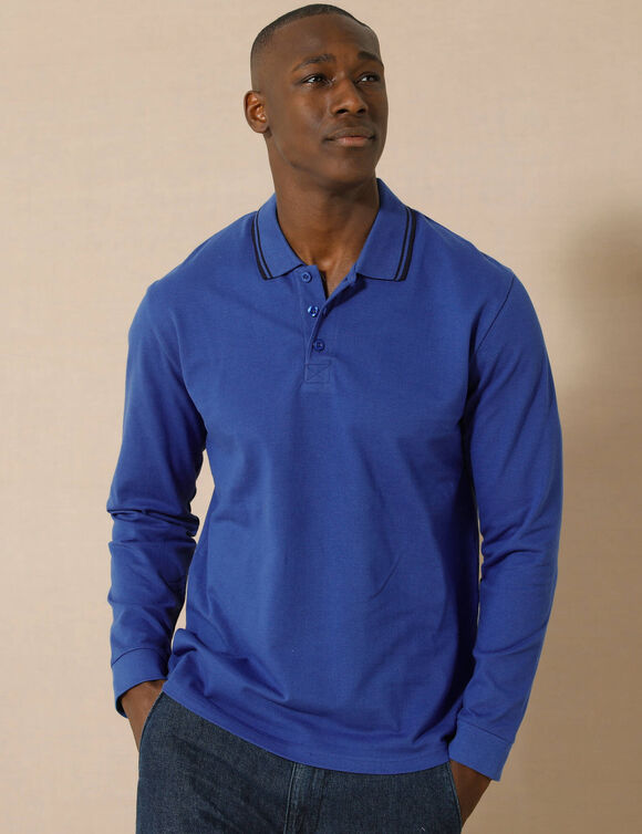 Polo uni maille piquée manches longues (bleu)