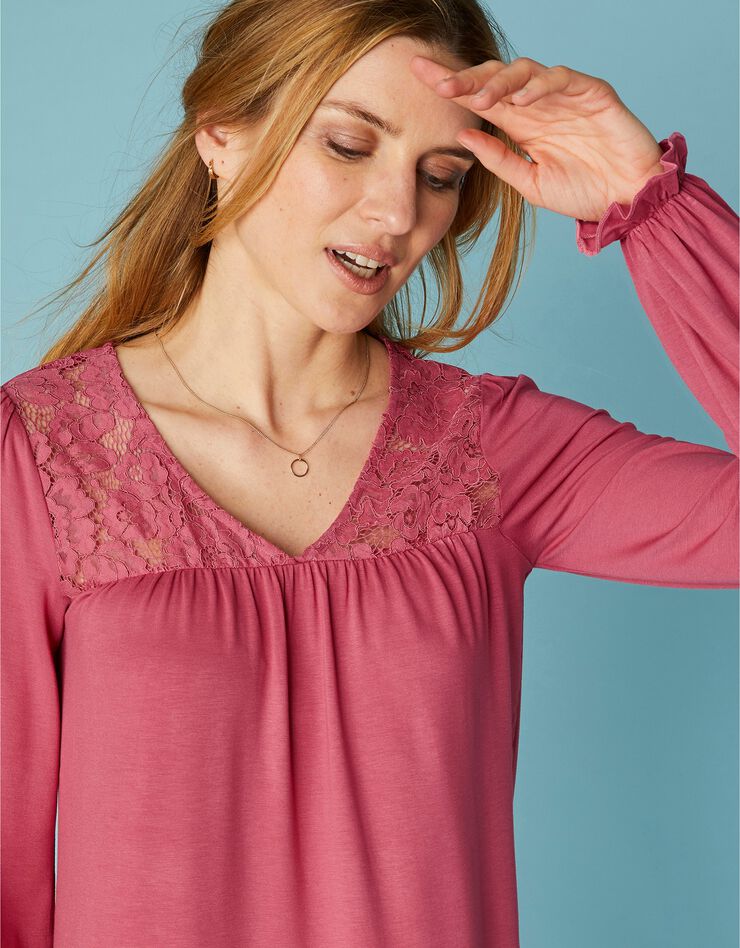 Tunique col V dentelle jersey (bois de rose) Tunique col V dentelle jersey (bois de rose)