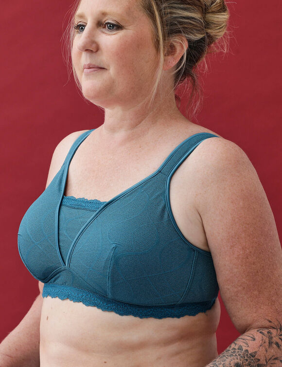 Soutien-gorge post-op&eacute;ratoire dentelle avec modestie doubl&eacute;e coton forme embo&icirc;tante - sans armatures (bleu canard)