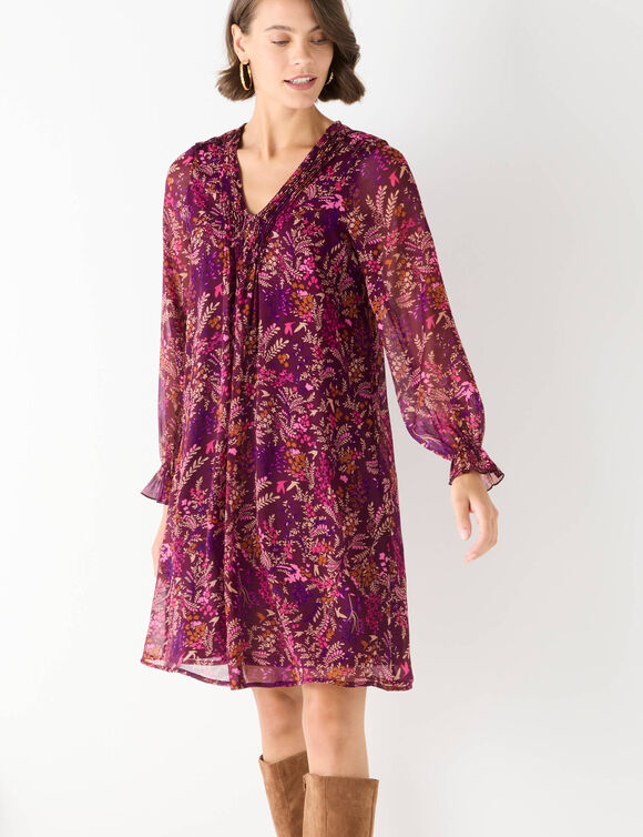 Robe imprim&eacute;e &agrave; plis, imprim&eacute; for&ecirc;t (prune / rose)