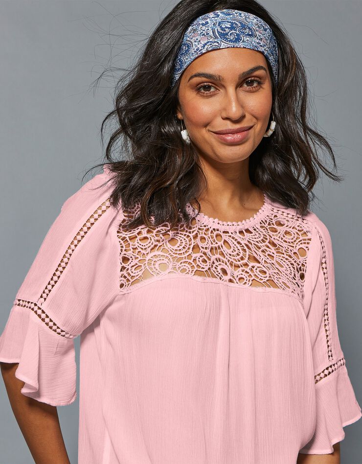 Blouse plastron macramé, crépon (rose) Blouse plastron macramé, crépon (rose)