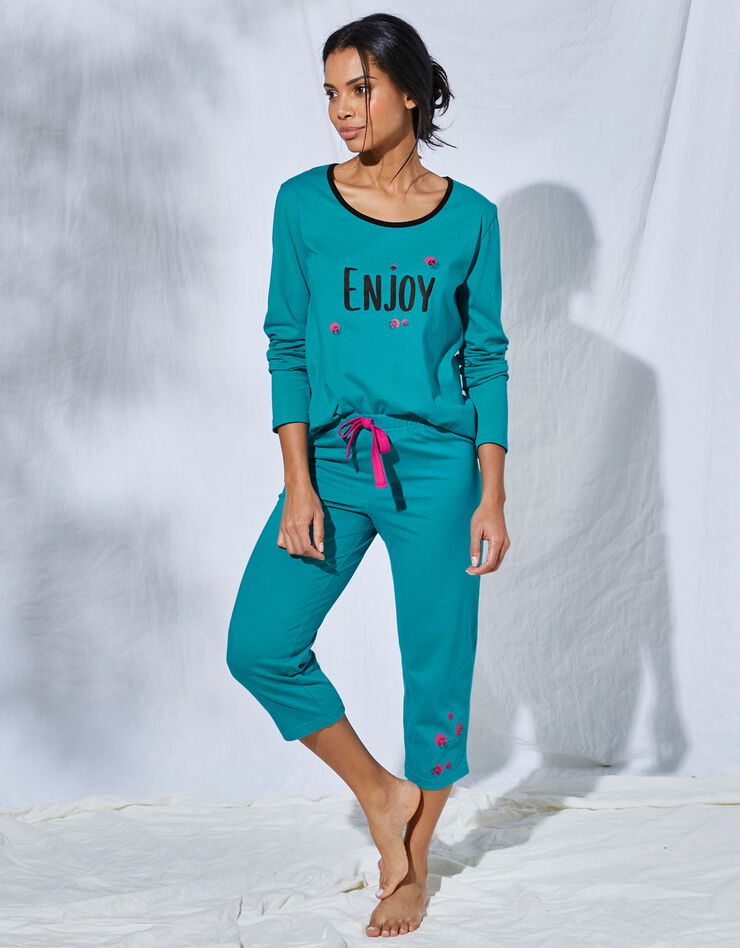 Tee-shirt manches longues coton uni imprimé placé "Enjoy"  (émeraude)