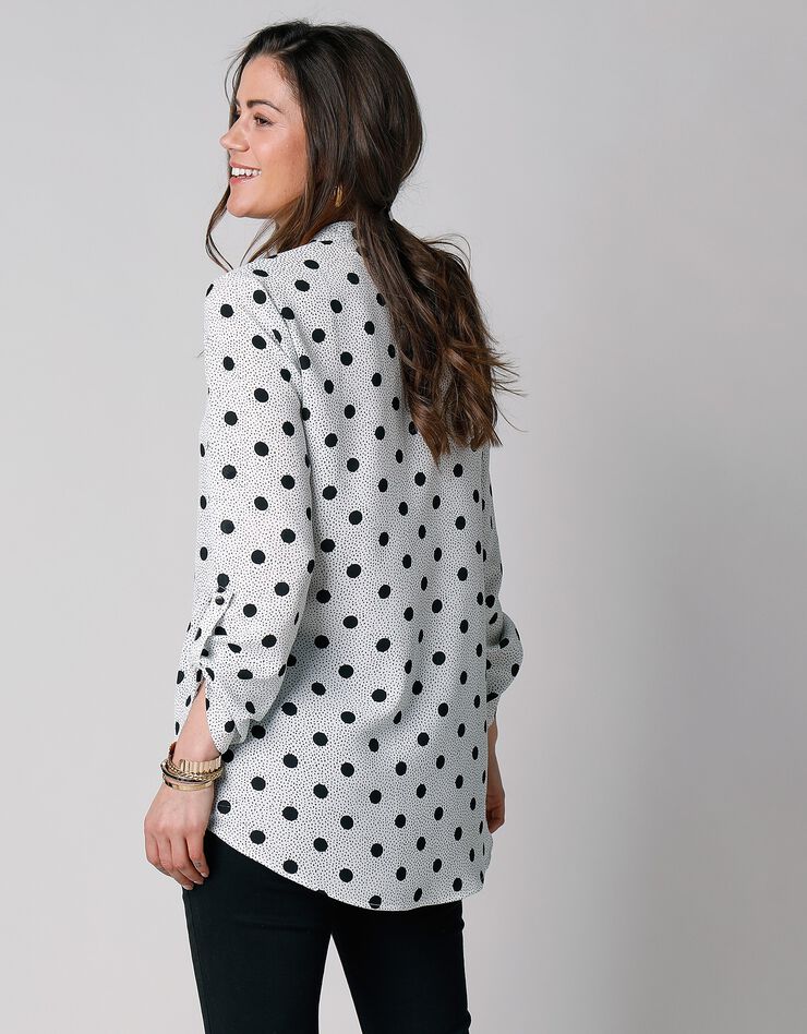 Blouse imprimé pois col tunisien, crêpe (écru / noir) Blouse imprimé pois col tunisien, crêpe (écru / noir)