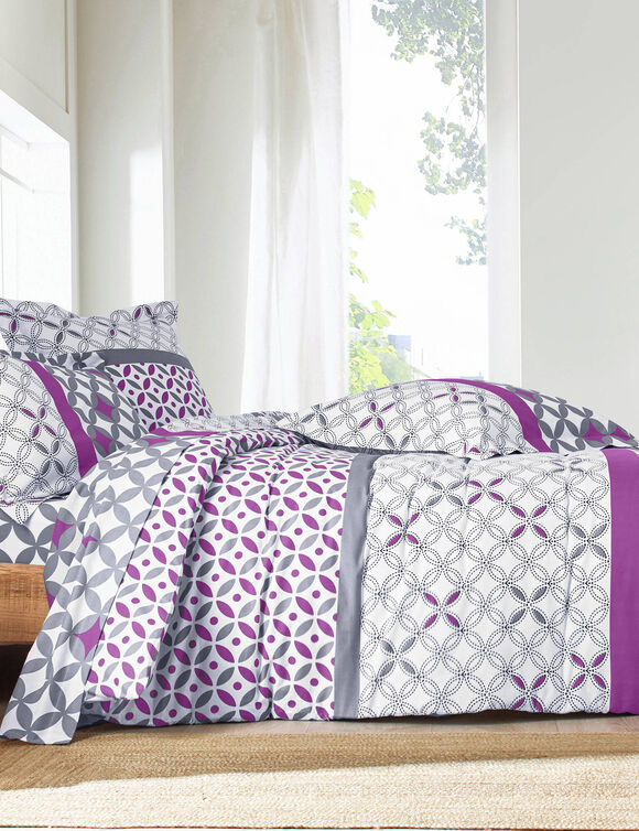 Linge de lit Marlow en coton motifs géométriques (gris / violet)