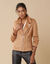 Blouson zippé col tailleur pressionné, suédine (caramel)