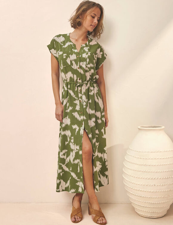 Robe saharienne imprim&eacute;e, manches courtes (kaki / &eacute;cru)