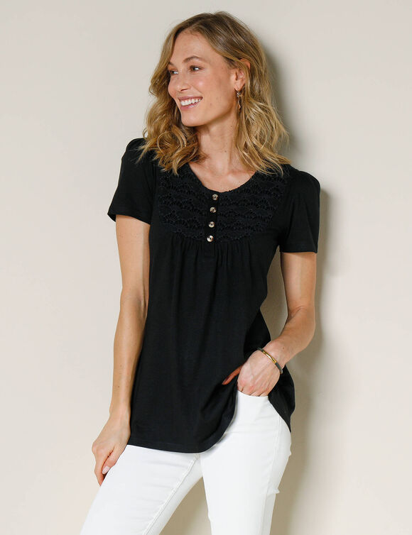 T-shirt macram&eacute; manches courtes (noir)