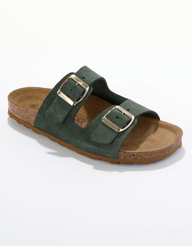Mules croûte de cuir 2 boucles réglables (kaki)