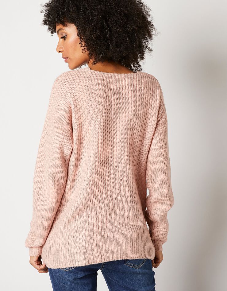 Pull col V, maille anglaise toucher mohair (rose poudré)