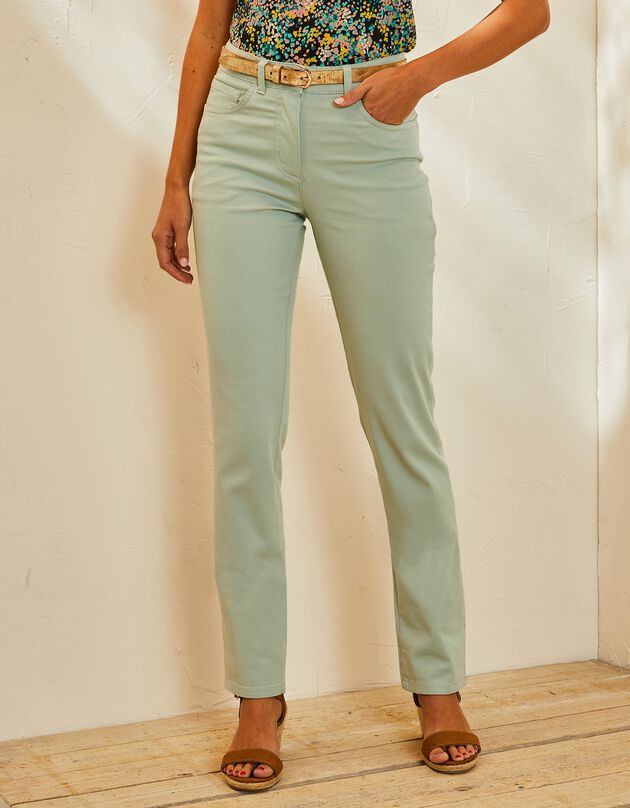 Pantalon effet ventre plat coton extensible (vert d'eau)