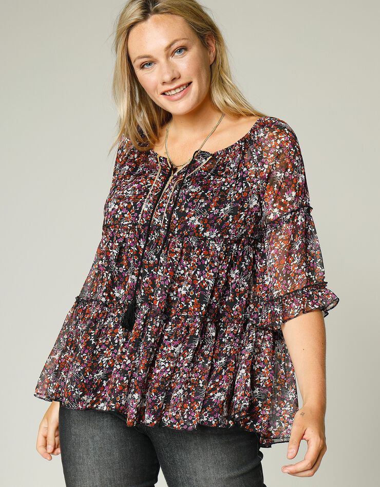 Blouse évasée voile imprimé (noir / cuivre) Blouse évasée voile imprimé (noir / cuivre)