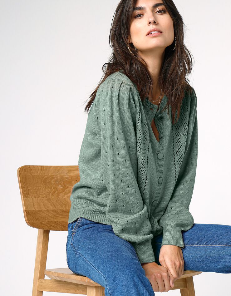 Cardigan boutonné maille ajourée (vert grisé)