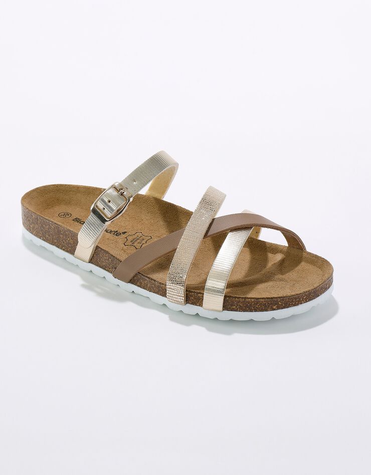 Mules compensées multibrides à boucle réglable en cuir semelle liège (taupe / doré) Mules compensées multibrides à boucle réglable en cuir semelle liège (taupe / doré)