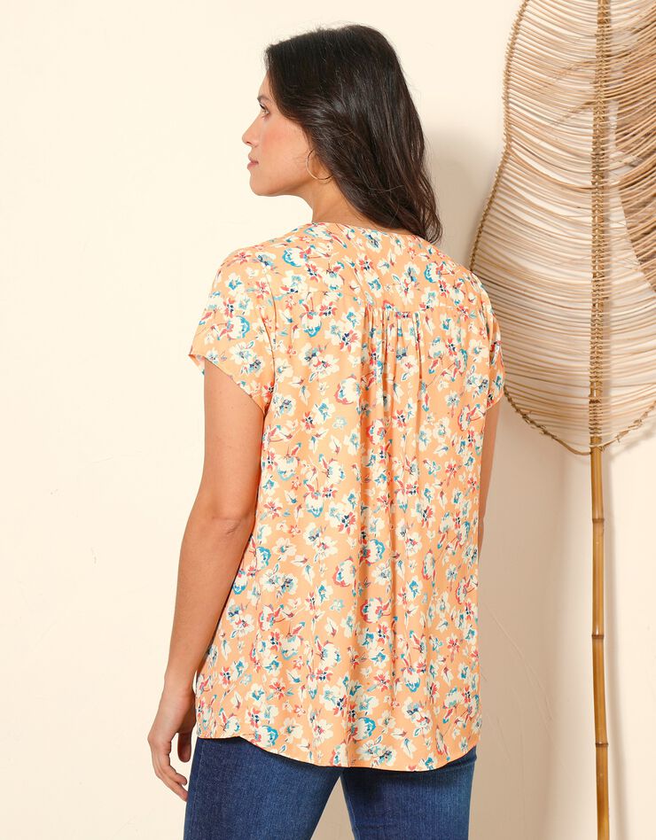 Blouse V manches courtes, crêpe imprimé fleuri (mangue) Blouse V manches courtes, crêpe imprimé fleuri (mangue)