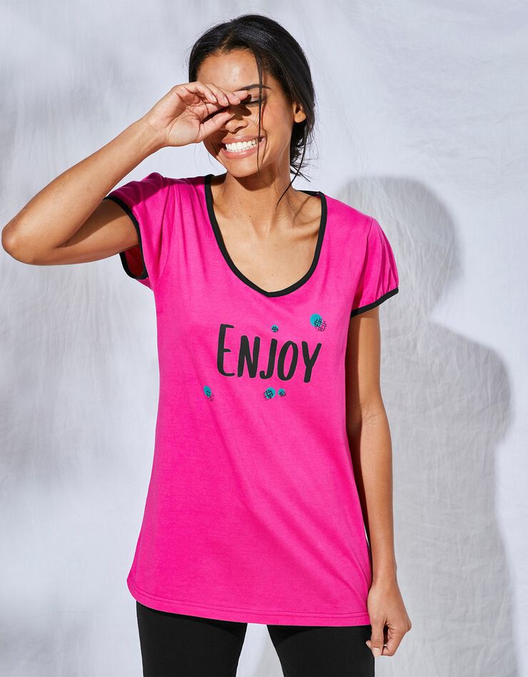 Tee-shirt manches courtes coton uni imprimé placé "Enjoy"  (fuchsia)
