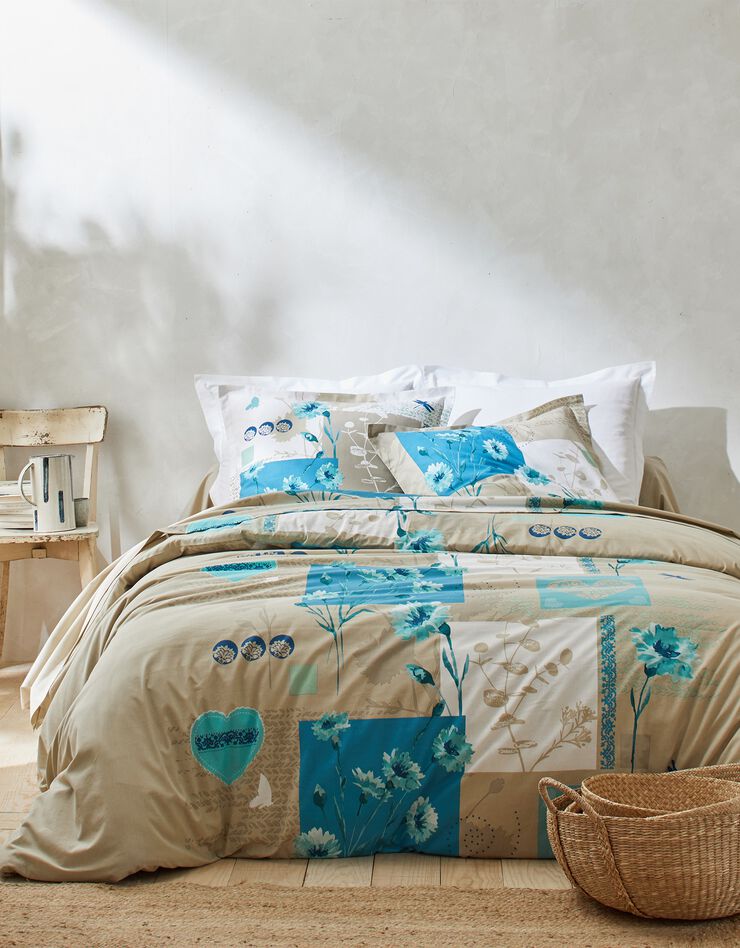 Linge de lit Line en coton imprimé à motifs coeurs et fleurs (céladon)