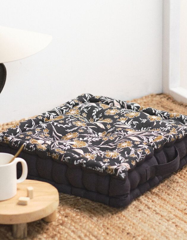 Coussin de sol coton imprimé indien (bronze / noir)