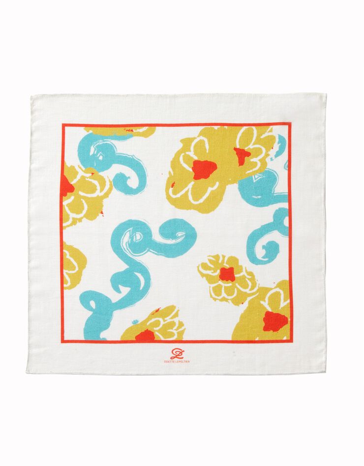 Foulard fabriqué en France imprimé fleurs, 48x48 cm, coton biologique, collection "Odette Lepeltier" (écru / jaune)