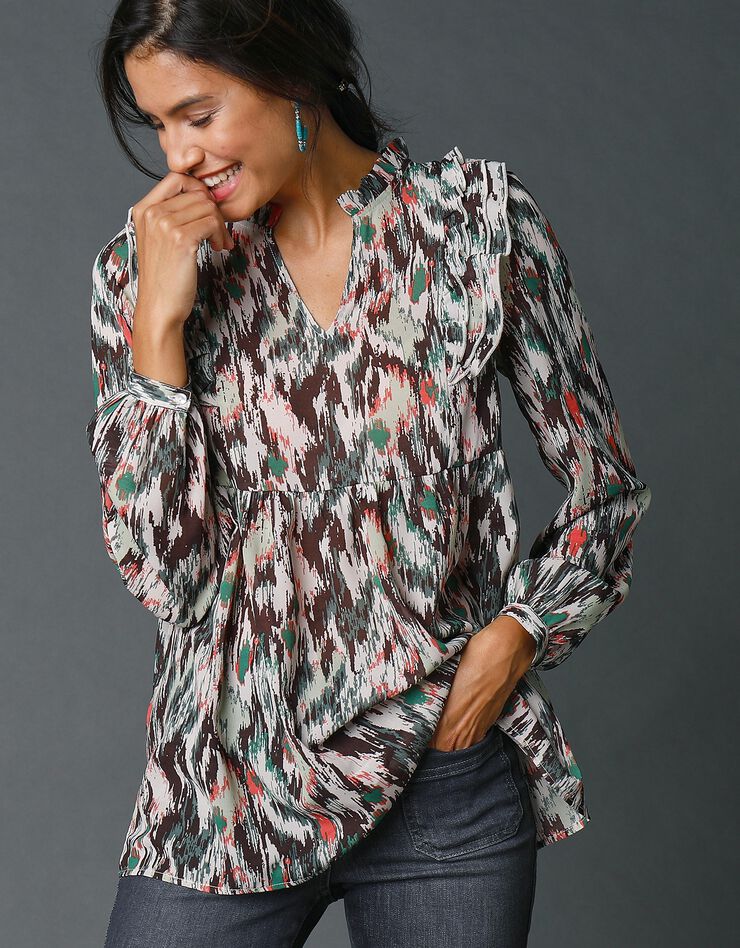 Blouse imprimée à volants (kaki / écru) Blouse imprimée à volants (kaki / écru)