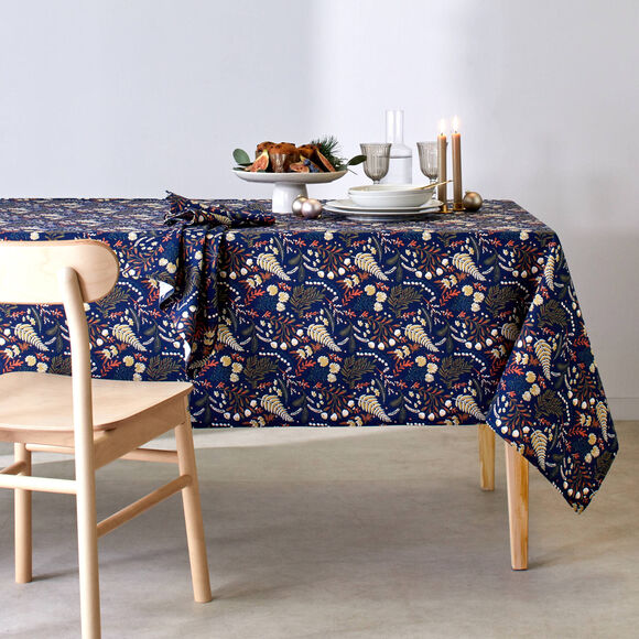 Nappe en coton imprim&eacute; herbier (marine)
