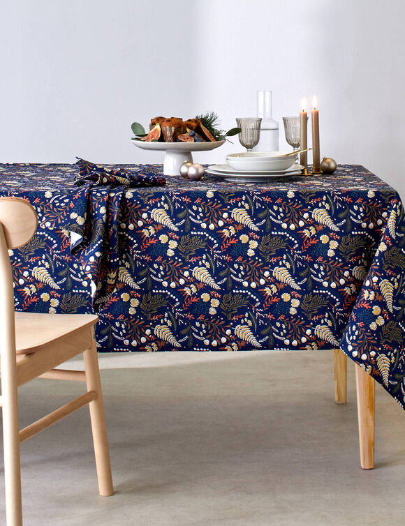 Nappe en coton imprim&eacute; herbier (marine)