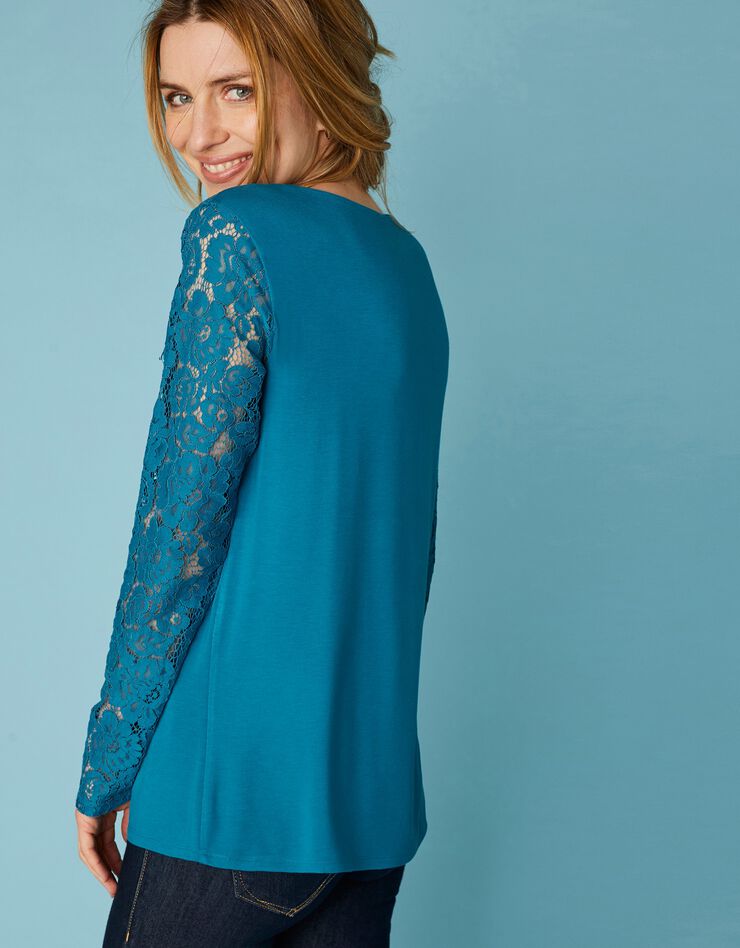 Tee-shirt col rond manches longues, dentelle jersey (bleu prusse) Tee-shirt col rond manches longues, dentelle jersey (bleu prusse)