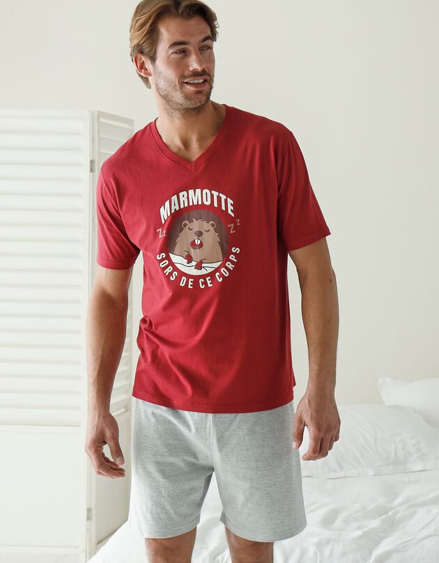Pyjama-short col V à message (bordeaux / gris chiné)