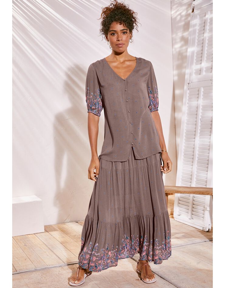 Jupon long volanté base imprimée, crépon (taupe) Jupon long volanté base imprimée, crépon (taupe)