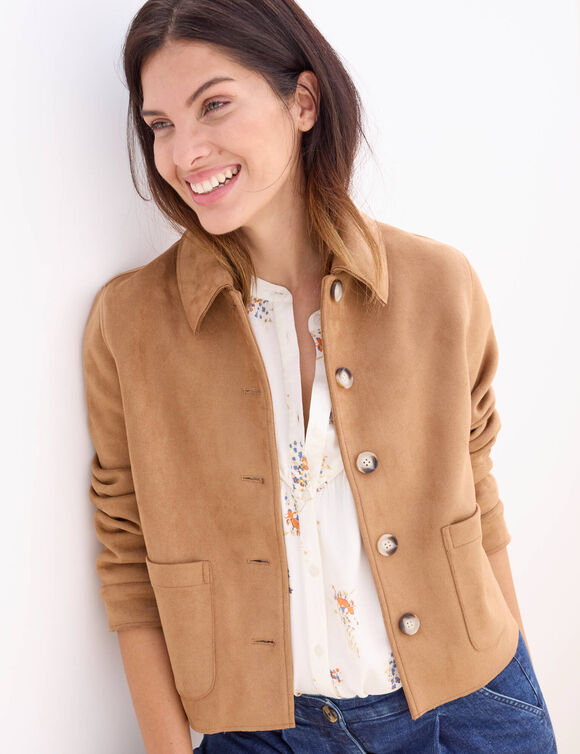 Veste en su&eacute;dine mi-longue, boutonn&eacute;e (noisette)