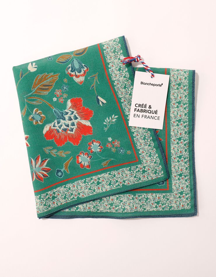 Foulard fabriqué en France imprimé fleurs, 48x48 cm - coton biologique(1) (vert)