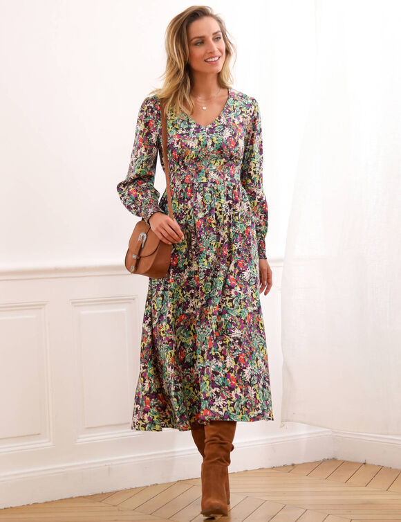 Robe midi imprimée, viscose fluide (vert / violine)