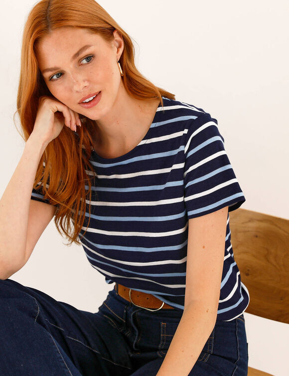 T-shirt ray&eacute; manches courtes, maille jersey (marine / &eacute;cru)