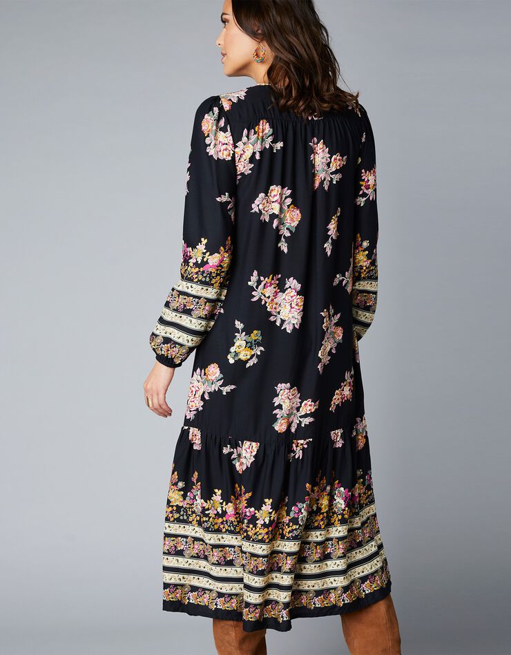 Robe longue volantée imprimé fleuri (noir / bordeaux) Robe longue volantée imprimé fleuri (noir / bordeaux)