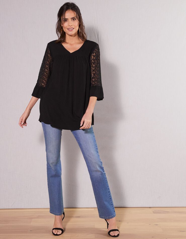 Blouse unie col V manches 3/4 macramé (noir) Blouse unie col V manches 3/4 macramé (noir)