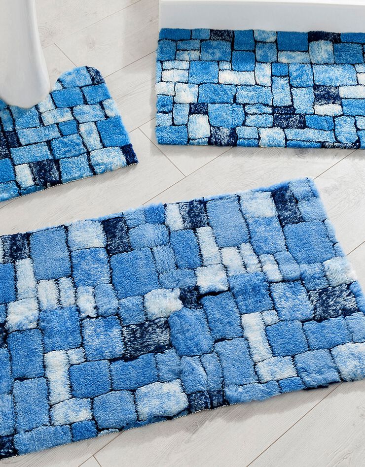 Tapis de bain mosaïque toucher peluche (bleu)