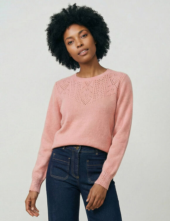Pull col rond maille ajour&eacute;e, toucher doux (rose gris&eacute;)