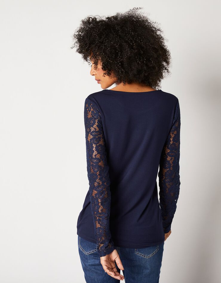 Tee-shirt col rond manches longues, dentelle jersey (marine) Tee-shirt col rond manches longues, dentelle jersey (marine)