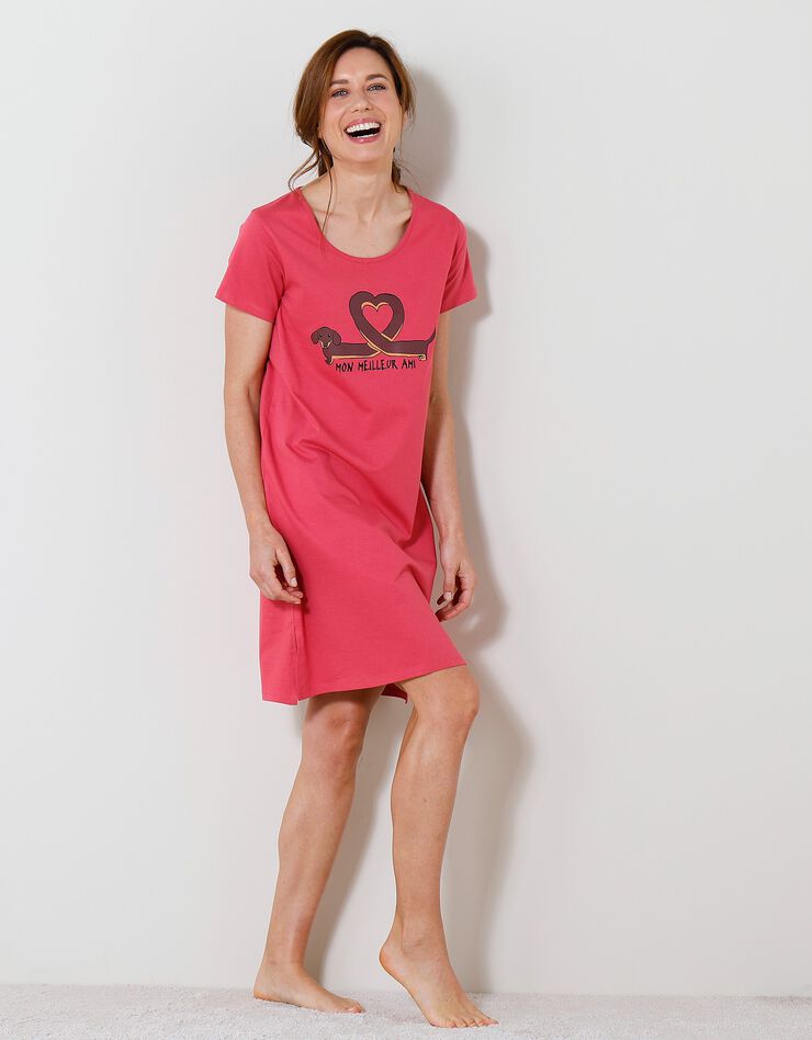 Chemise de nuit courte imprimé teckel "Mon meilleur ami" (rose indien)
