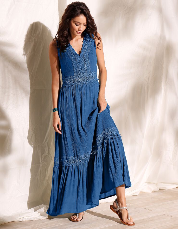 Robe longue volantée macramé (bleu) Robe longue volantée macramé (bleu)
