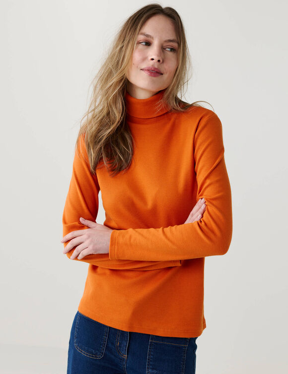 Sous-pull col roul&eacute; en maille c&ocirc;tel&eacute;e, uni (orange)