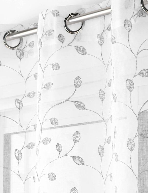 Voilage feuilles brod&eacute;es  - finition oeillets (blanc / argent&eacute;)