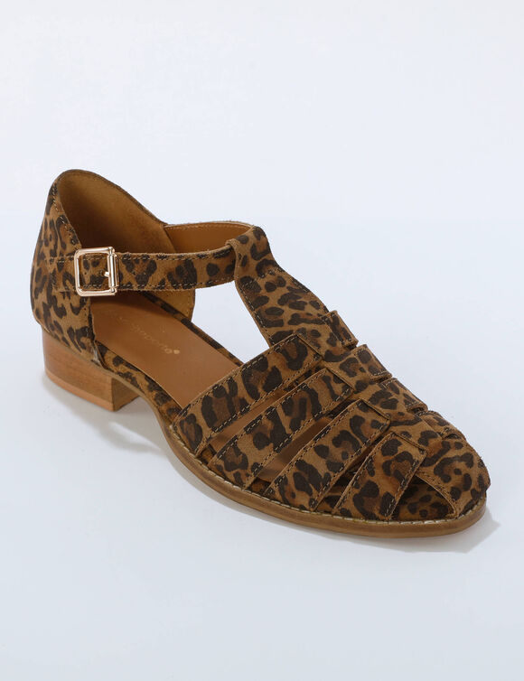 Sandales en cuir motif l&eacute;opard petit talon (marron / noir)