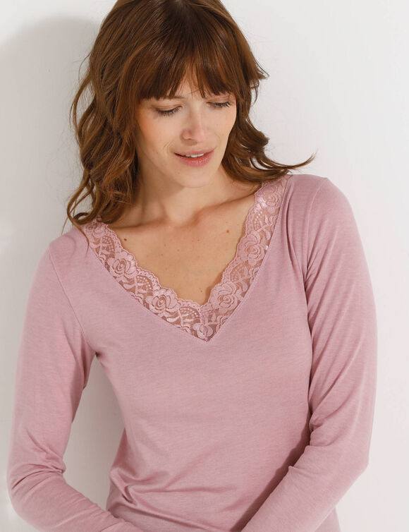 T-shirt chaleur manches longues en laine mélangée (rose grisé)