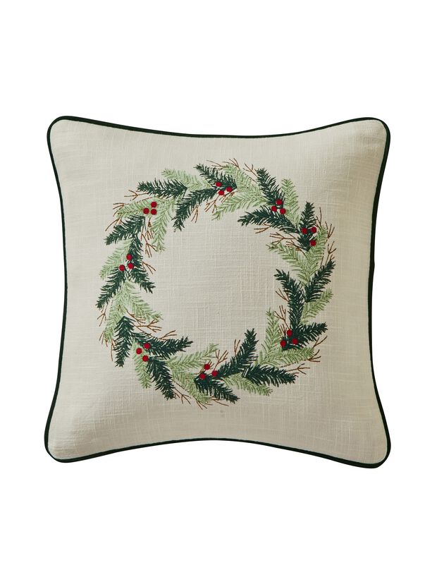 Coussin imprimé "couronne de Noël" (blanc / vert)